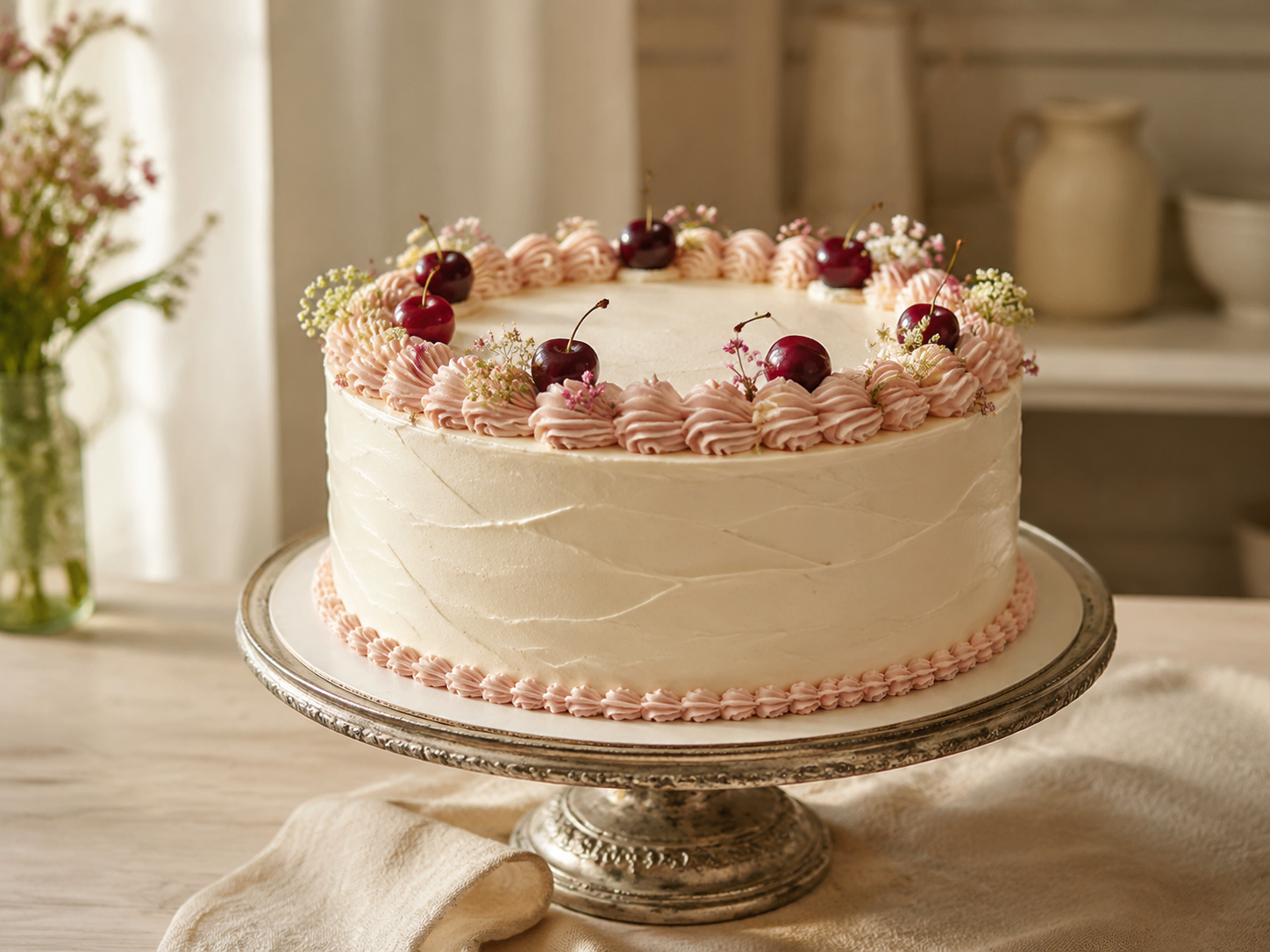 An elegant handmade celebration cake on a vintage cake stand